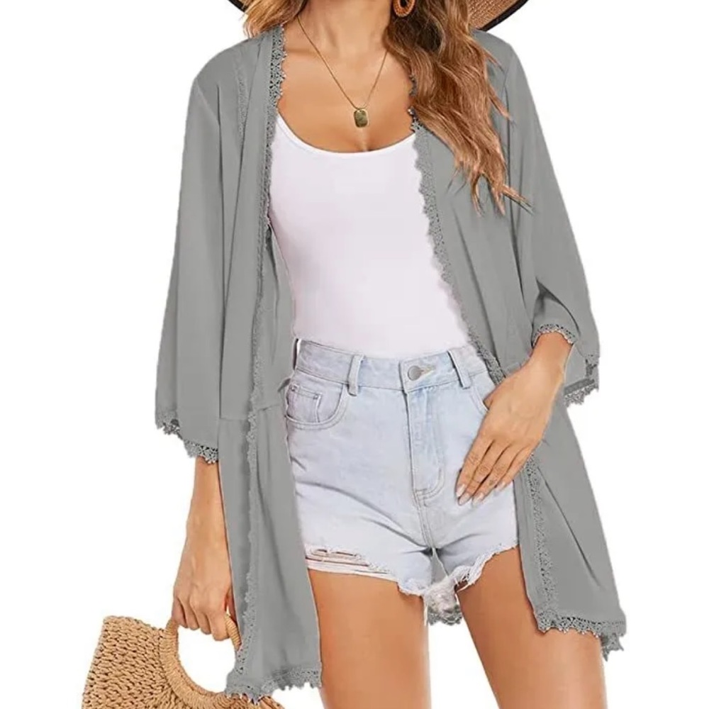 ELESOL Womens Kimono Cardigan Summer Open Front 3/4 Sleeve Ruffle Beach Cover Up